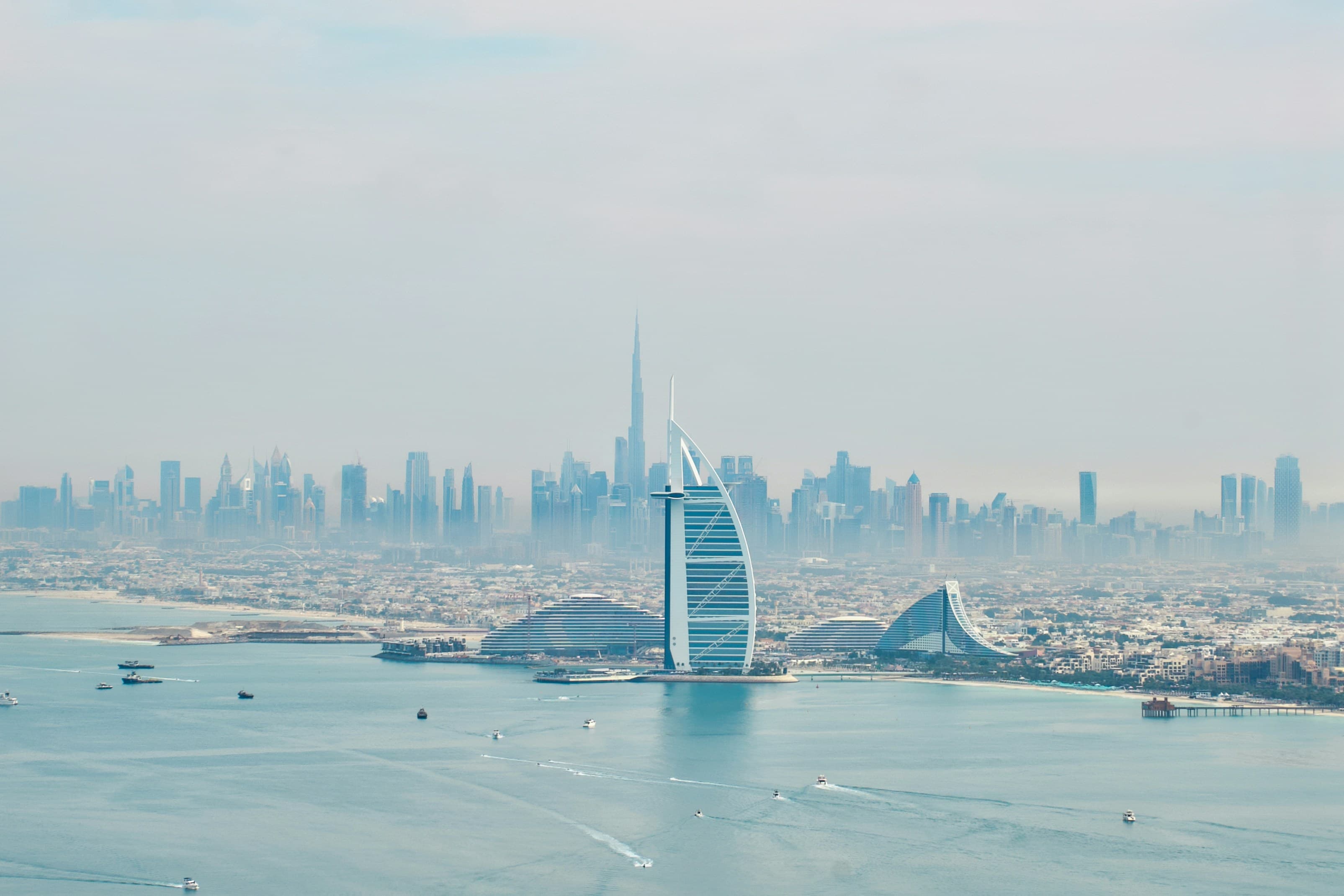 Aerial view of Burj Al Arab and Dubai coastline