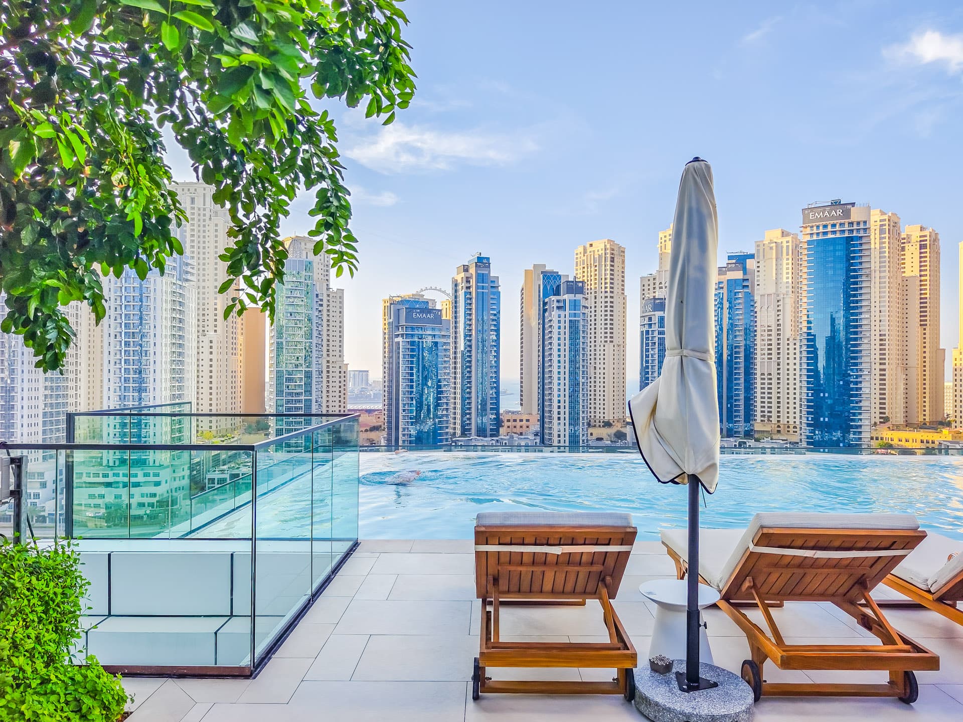 Marina rooftop pool overlooking Dubai skyline